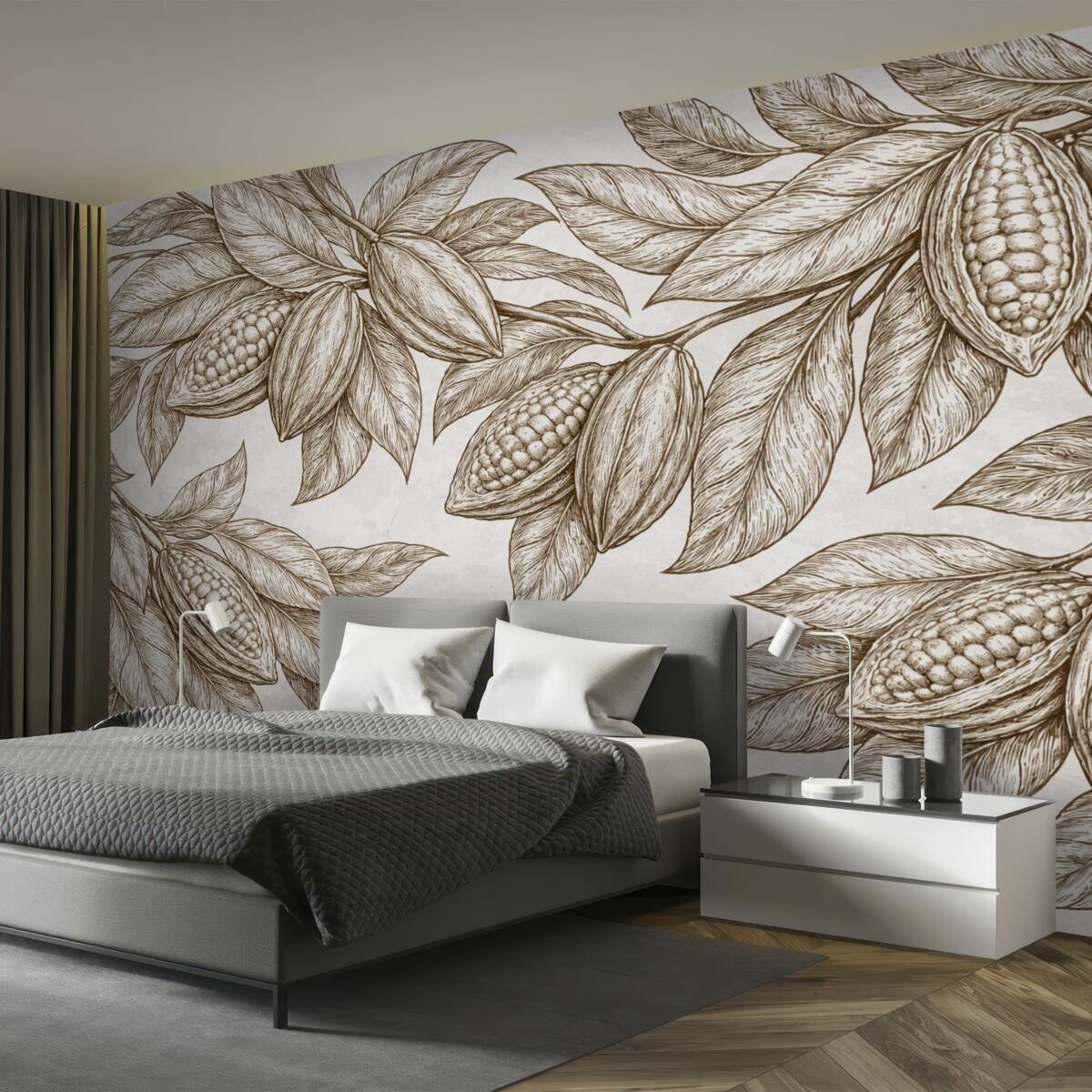 Fototapeta Dokładny rysunek liści kakaowca oraz liści w naturalnym, organicznym druku.