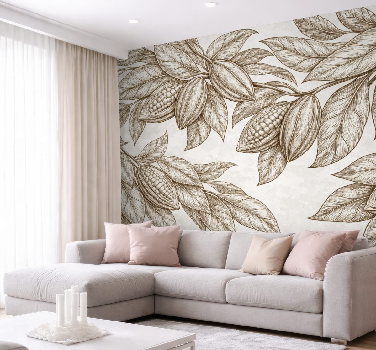 Fototapeta Dokładny rysunek liści kakaowca oraz liści w naturalnym, organicznym druku.