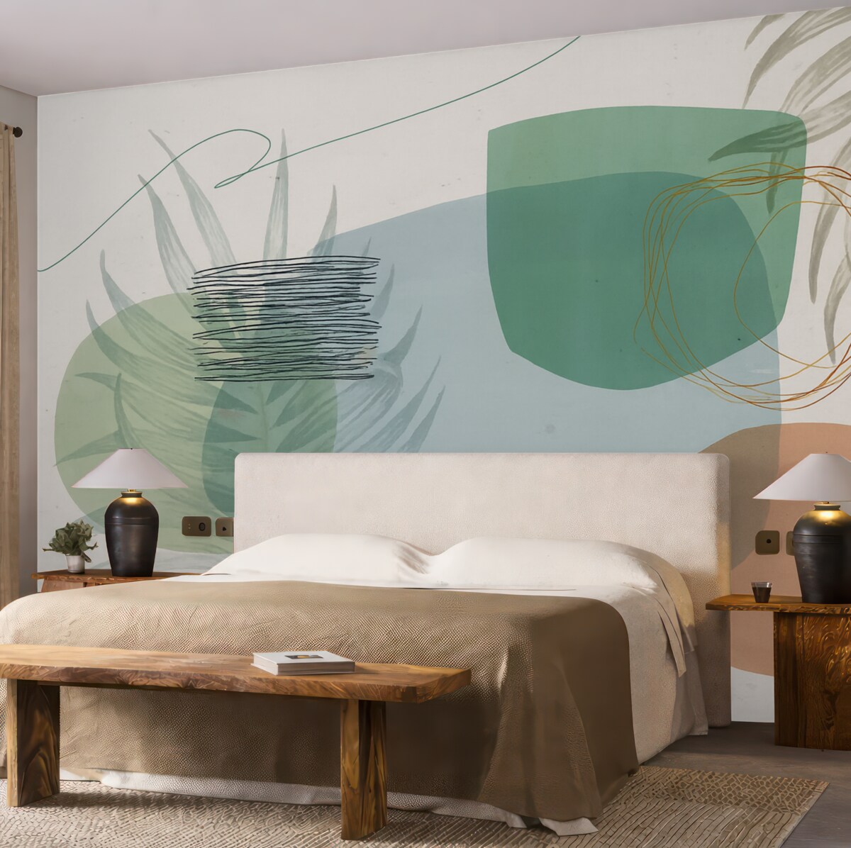 Fototapeta Abstrakcyjna teksturowana aranżacja z organicznymi formami i tropikalnymi liśćmi, w delikatnych pastelowych odcieniach.