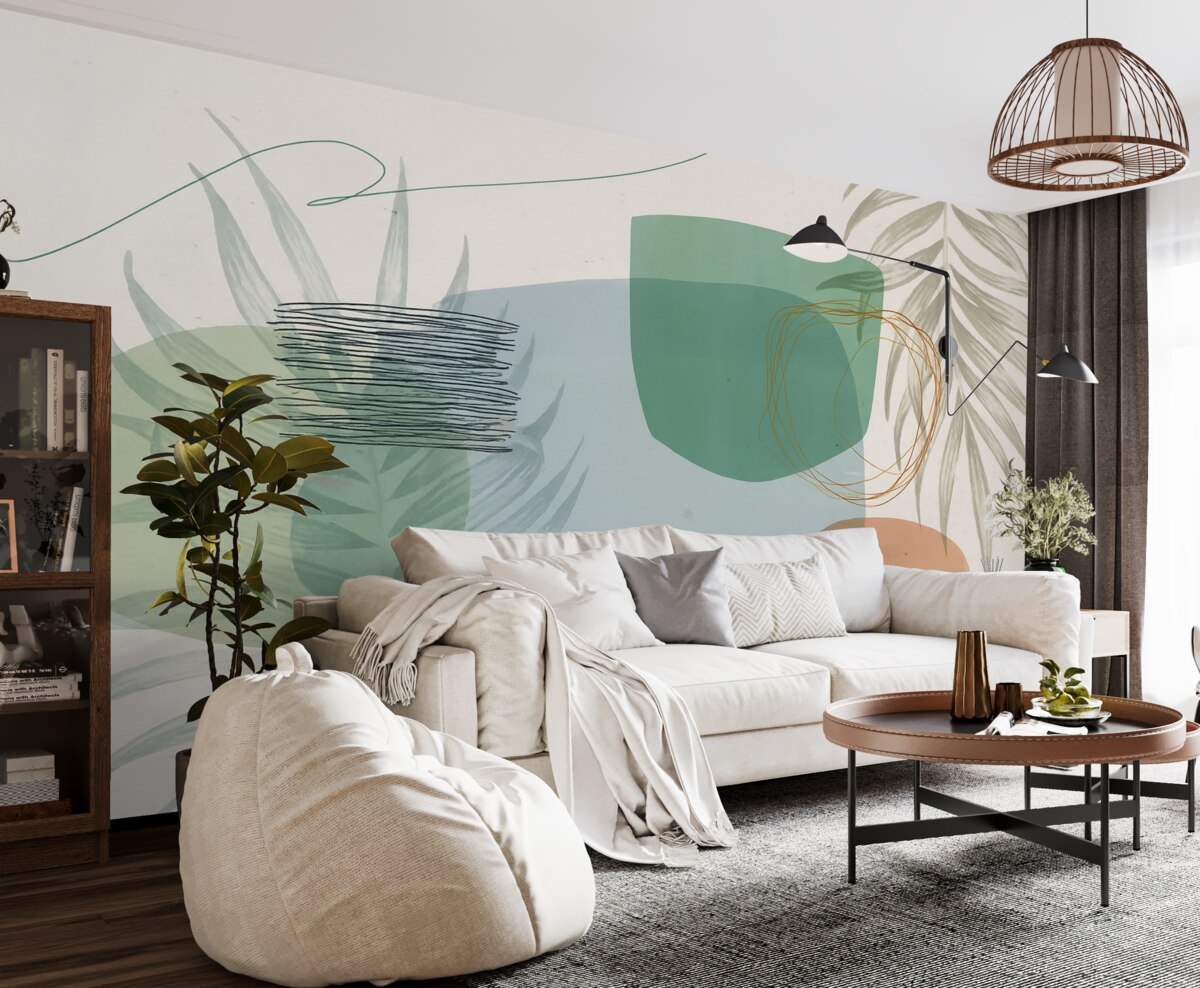 Fototapeta Abstrakcyjna teksturowana aranżacja z organicznymi formami i tropikalnymi liśćmi, w delikatnych pastelowych odcieniach.