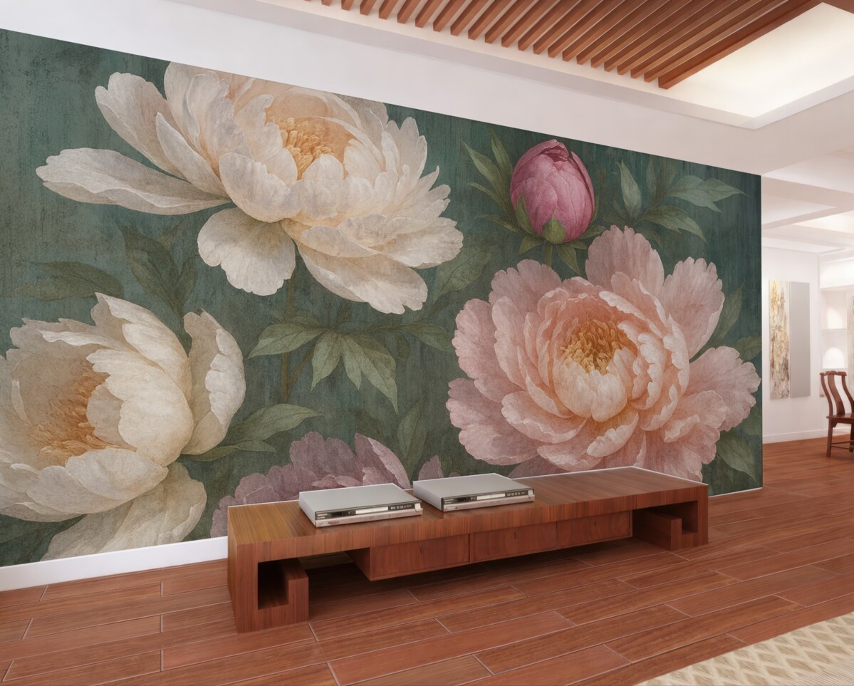 Fototapeta Zbliżenie na kilka dużych, teksturowanych, obfitych różowych i białych kwiatów piwonii na ciemnym fundamencie.