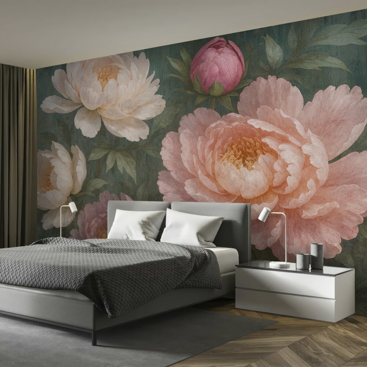 Fototapeta Zbliżenie na kilka dużych, teksturowanych, obfitych różowych i białych kwiatów piwonii na ciemnym fundamencie.