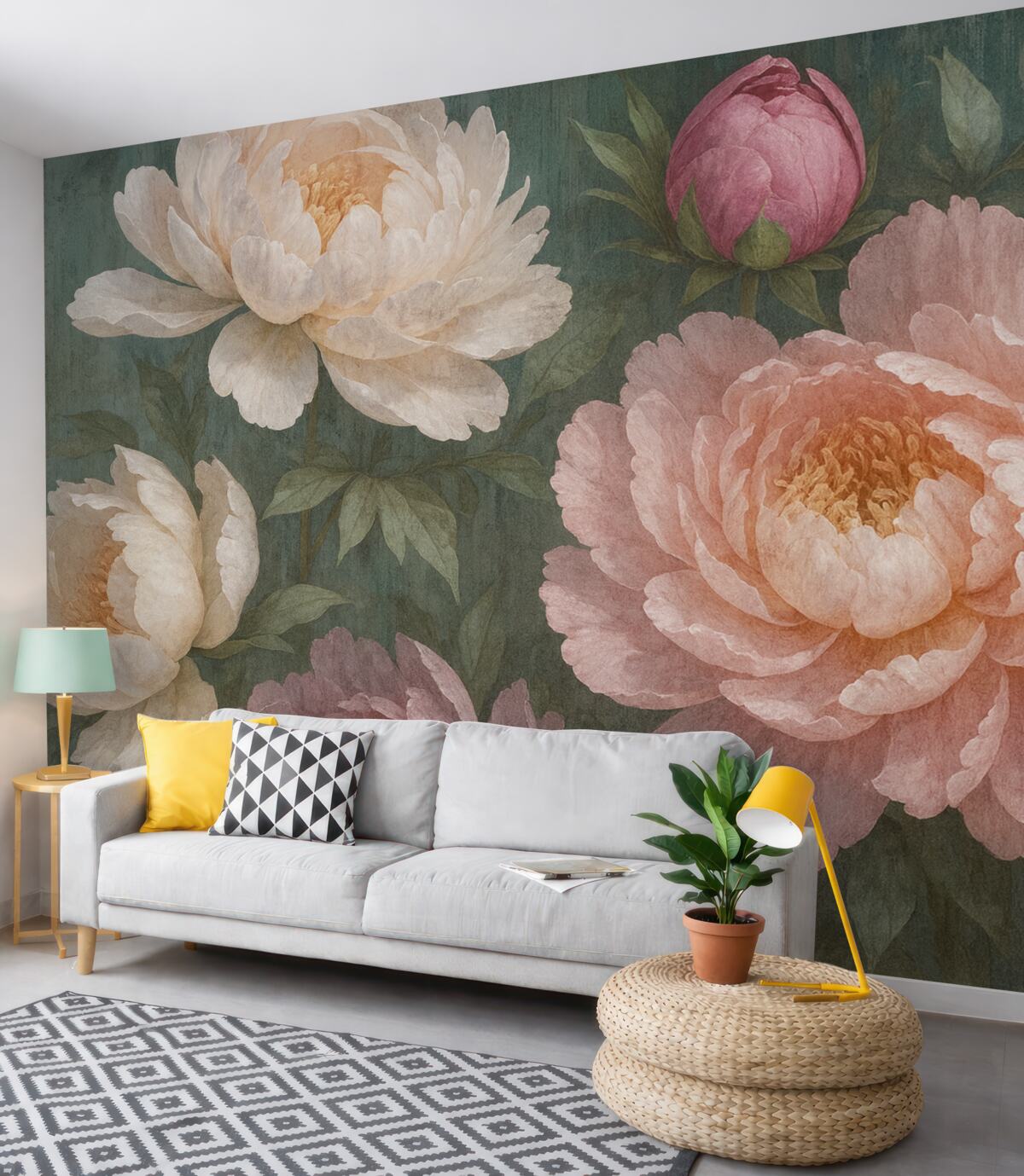 Fototapeta Zbliżenie na kilka dużych, teksturowanych, obfitych różowych i białych kwiatów piwonii na ciemnym fundamencie.