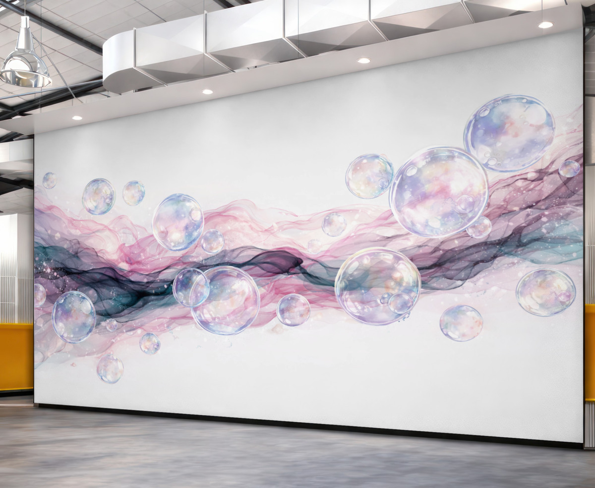 Fototapeta Kolorowe abstrakcyjne płynne formy z bąbelkami, wirami w tonacjach różu, błękitu oraz fioletu na jasnym tle.