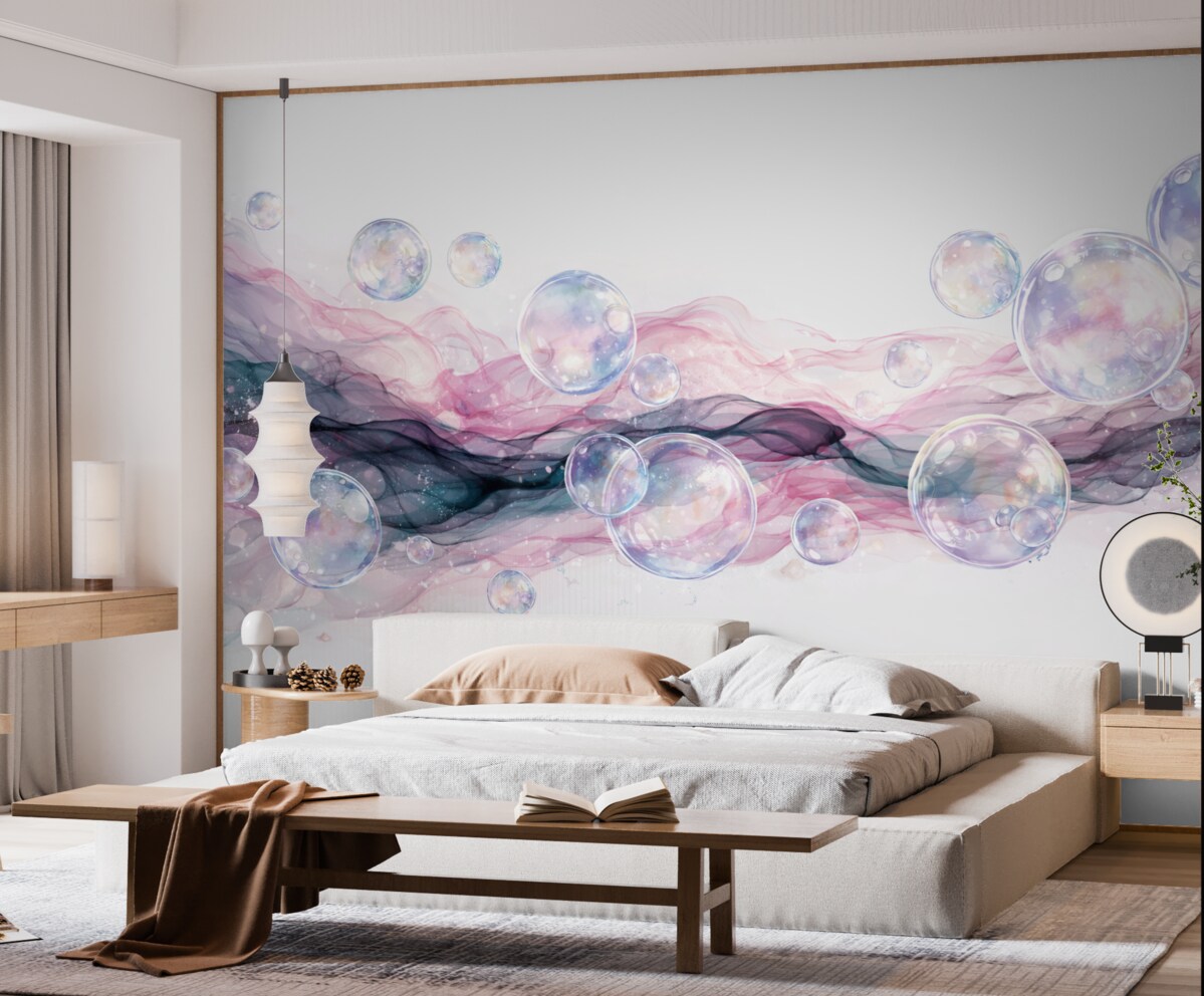 Fototapeta Kolorowe abstrakcyjne płynne formy z bąbelkami, wirami w tonacjach różu, błękitu oraz fioletu na jasnym tle.