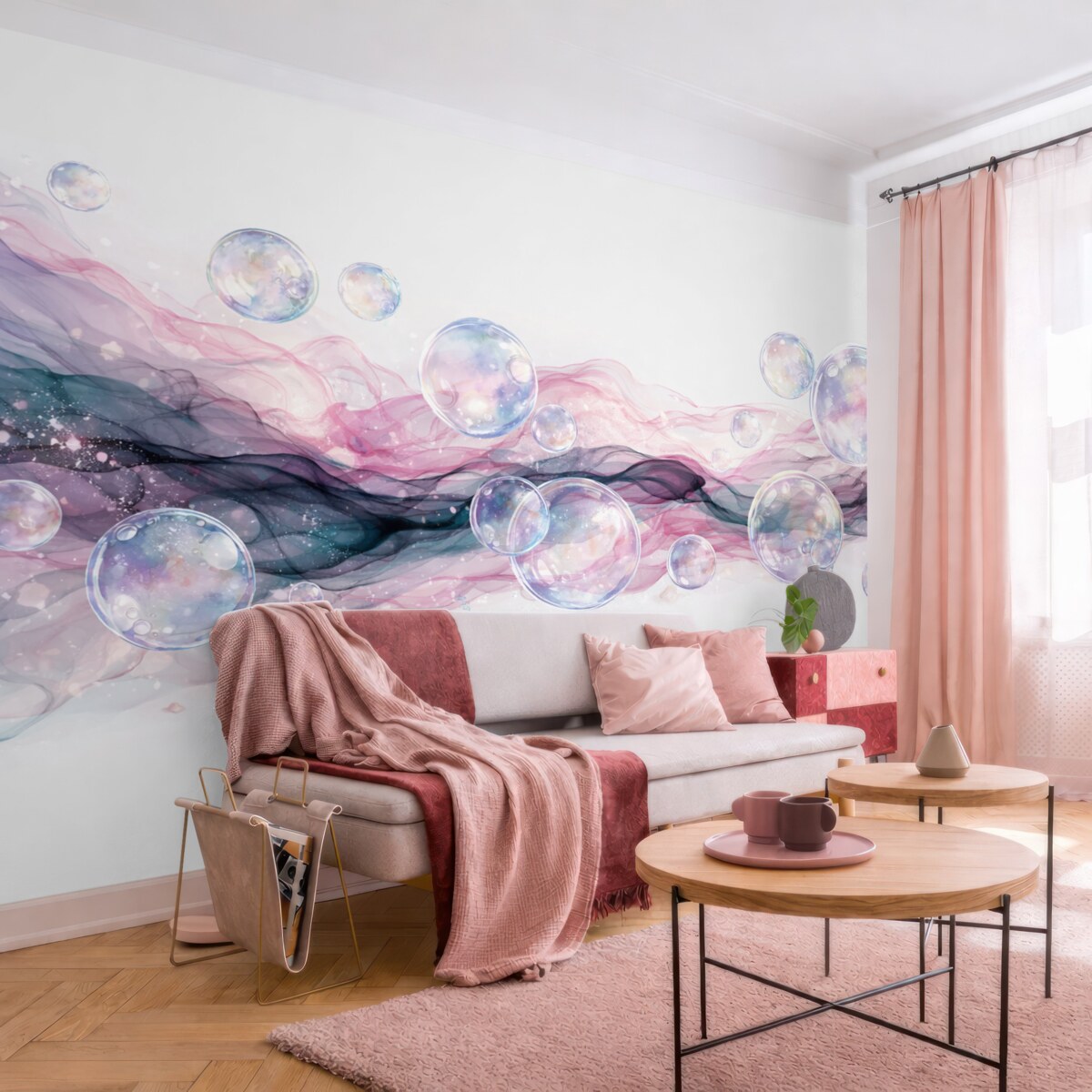Fototapeta Kolorowe abstrakcyjne płynne formy z bąbelkami, wirami w tonacjach różu, błękitu oraz fioletu na jasnym tle.