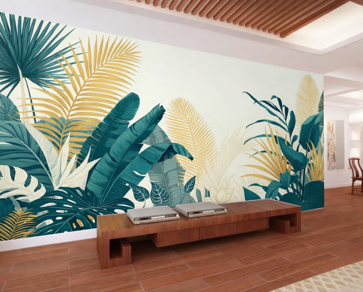 Fototapeta Tropikalne, gęste zielone liście, w tym liście palm, paprocie oraz inne egzotyczne rośliny w intensywnych odcieniach zieleni i pomarańczu.