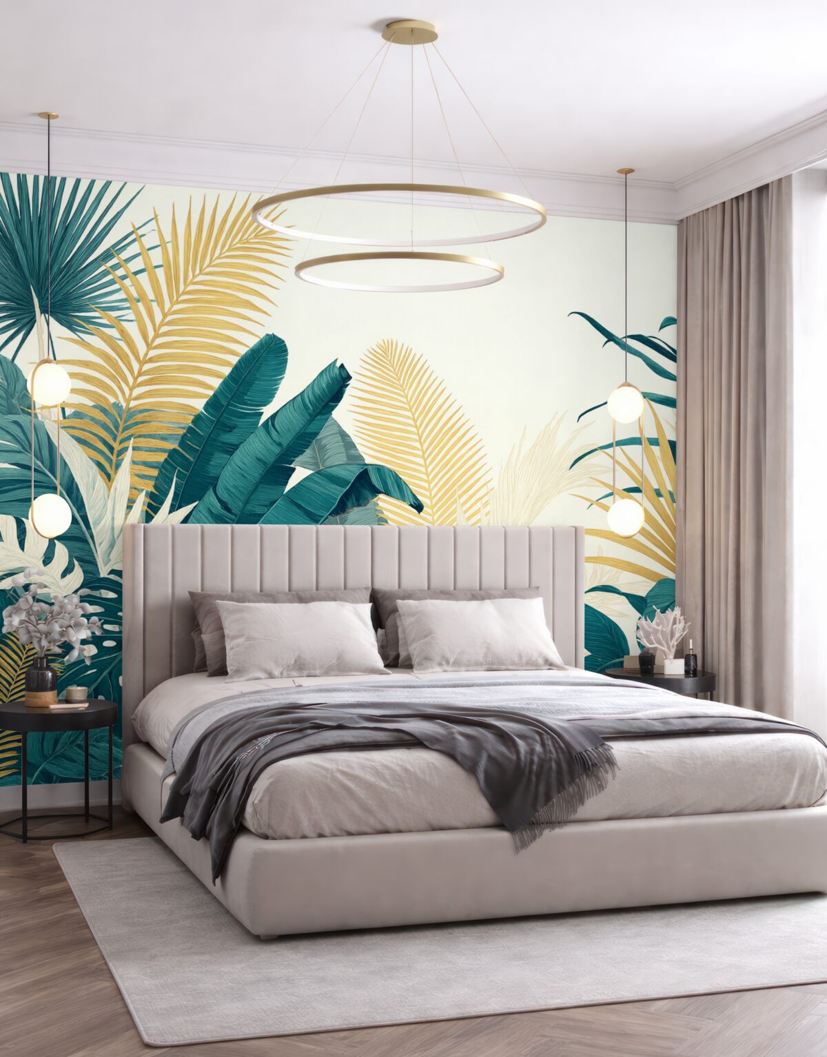 Fototapeta Tropikalne, gęste zielone liście, w tym liście palm, paprocie oraz inne egzotyczne rośliny w intensywnych odcieniach zieleni i pomarańczu.