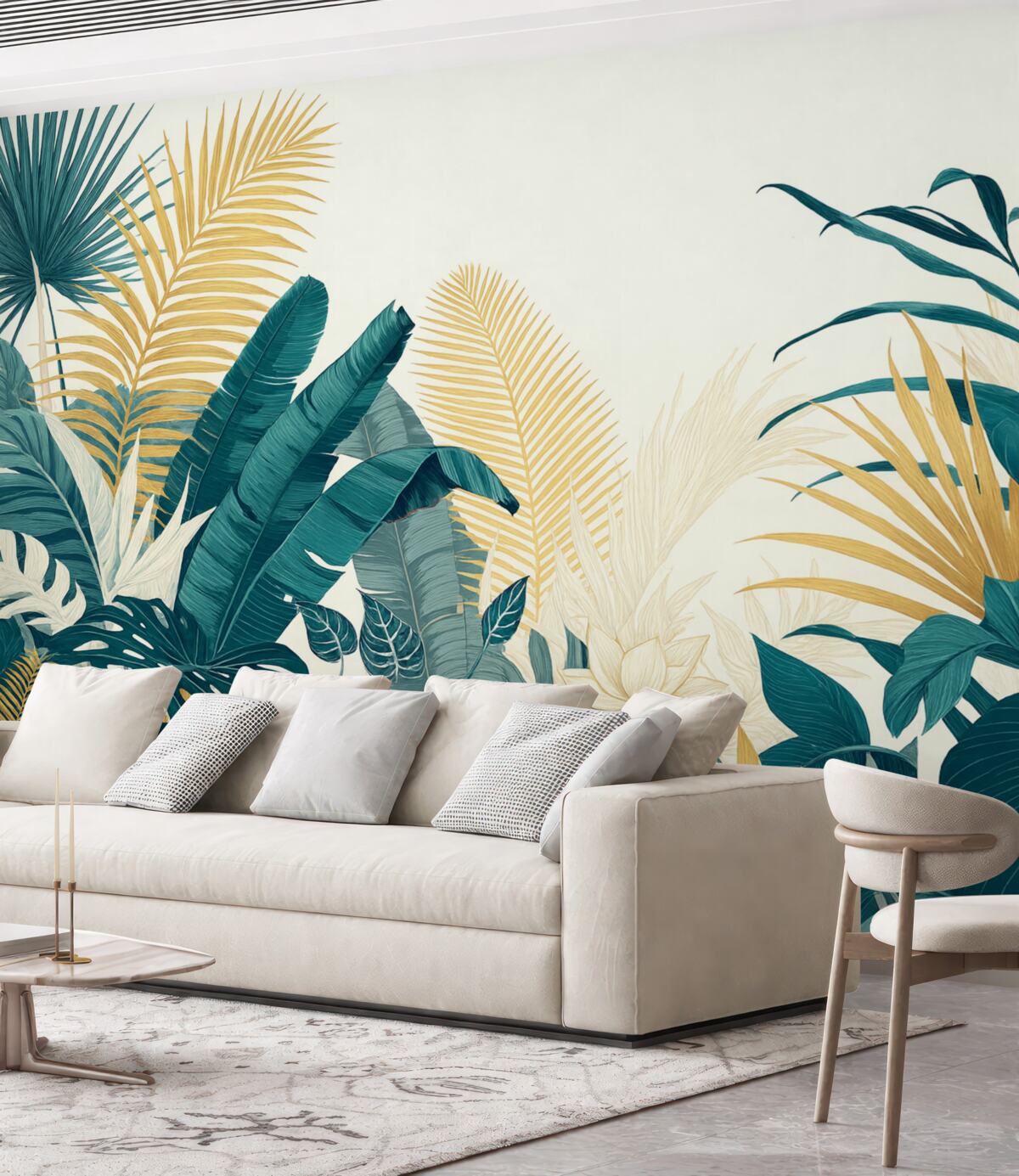 Fototapeta Tropikalne, gęste zielone liście, w tym liście palm, paprocie oraz inne egzotyczne rośliny w intensywnych odcieniach zieleni i pomarańczu.