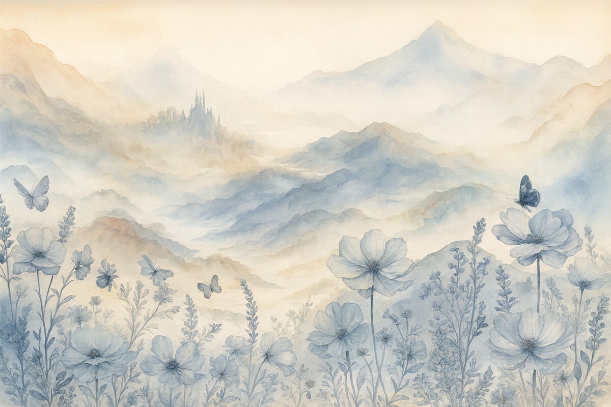 Fototapeta Cichy pejzaż z zamglonym łańcuchem górskim w tle, otoczony łąką delikatnych niebieskich kwiatów.