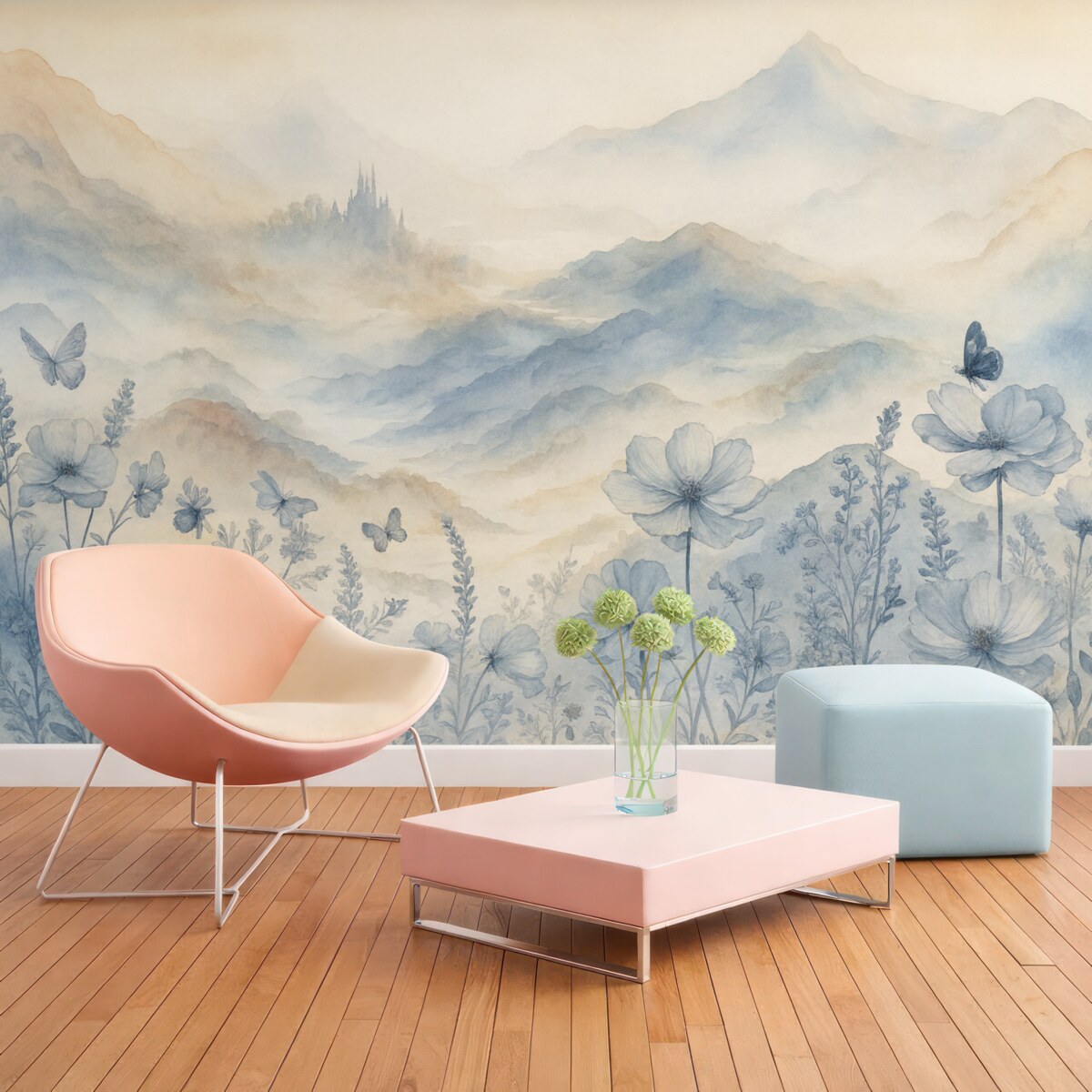 Fototapeta Cichy pejzaż z zamglonym łańcuchem górskim w tle, otoczony łąką delikatnych niebieskich kwiatów.