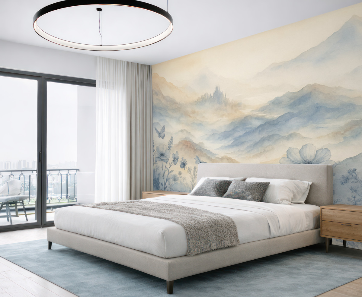 Fototapeta Cichy pejzaż z zamglonym łańcuchem górskim w tle, otoczony łąką delikatnych niebieskich kwiatów.