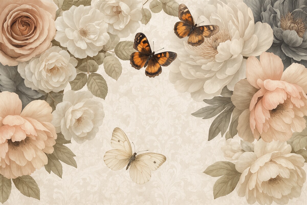 Fototapeta Wielkie białe oraz różowe kwiaty piwonii z motylem spoczywającym na jednym z kwiatów na łagodnym, nieostrym tle.