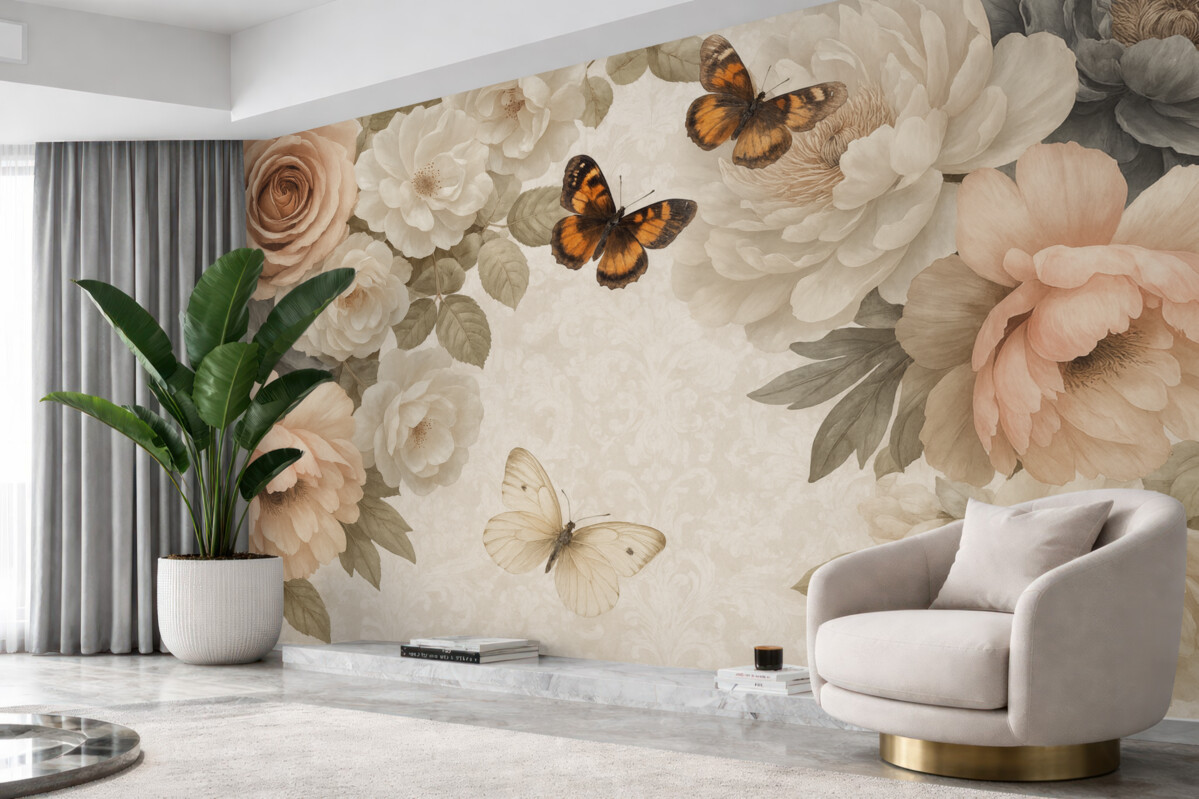 Fototapeta Wielkie białe oraz różowe kwiaty piwonii z motylem spoczywającym na jednym z kwiatów na łagodnym, nieostrym tle.