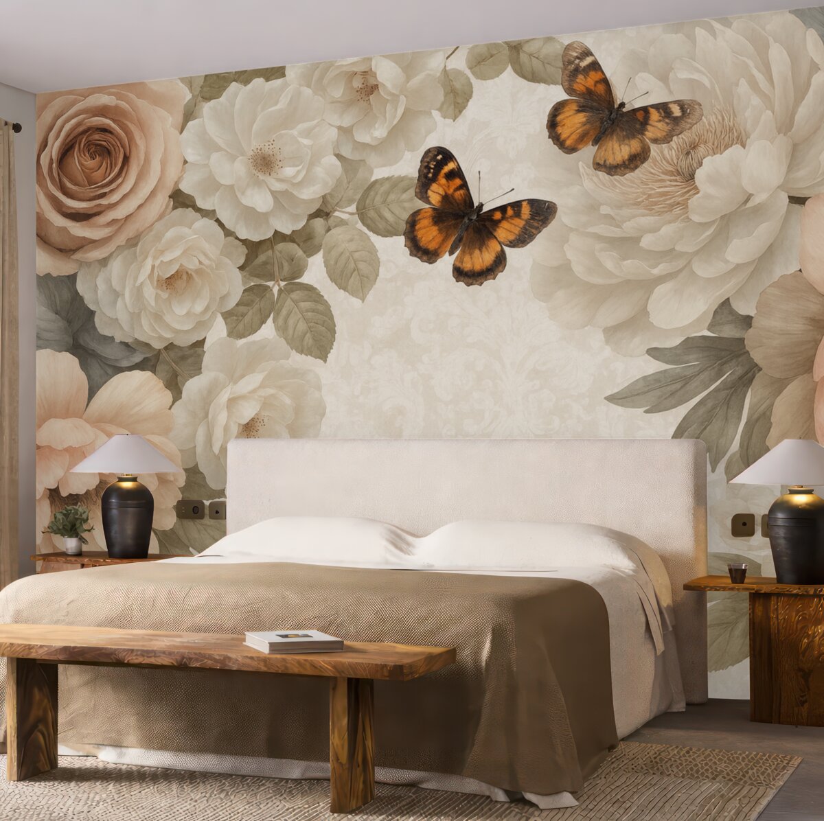 Fototapeta Wielkie białe oraz różowe kwiaty piwonii z motylem spoczywającym na jednym z kwiatów na łagodnym, nieostrym tle.