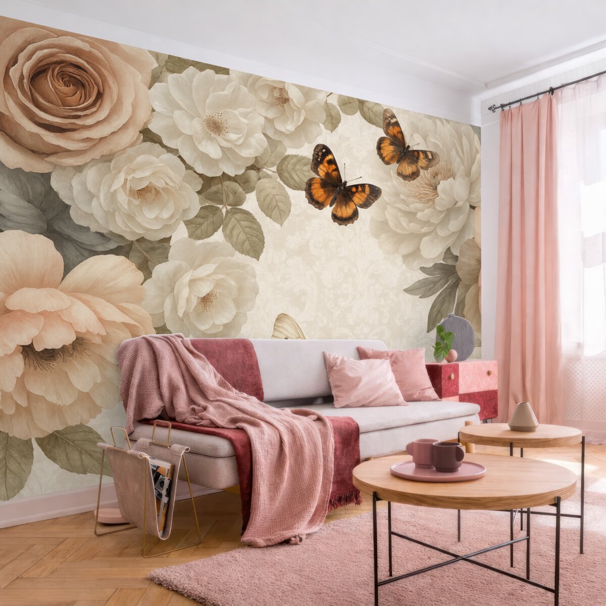 Fototapeta Wielkie białe oraz różowe kwiaty piwonii z motylem spoczywającym na jednym z kwiatów na łagodnym, nieostrym tle.