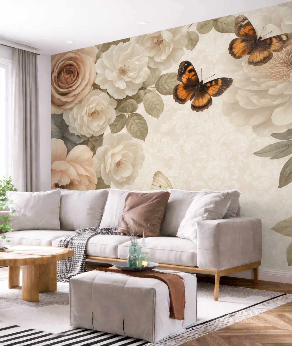 Fototapeta Wielkie białe oraz różowe kwiaty piwonii z motylem spoczywającym na jednym z kwiatów na łagodnym, nieostrym tle.