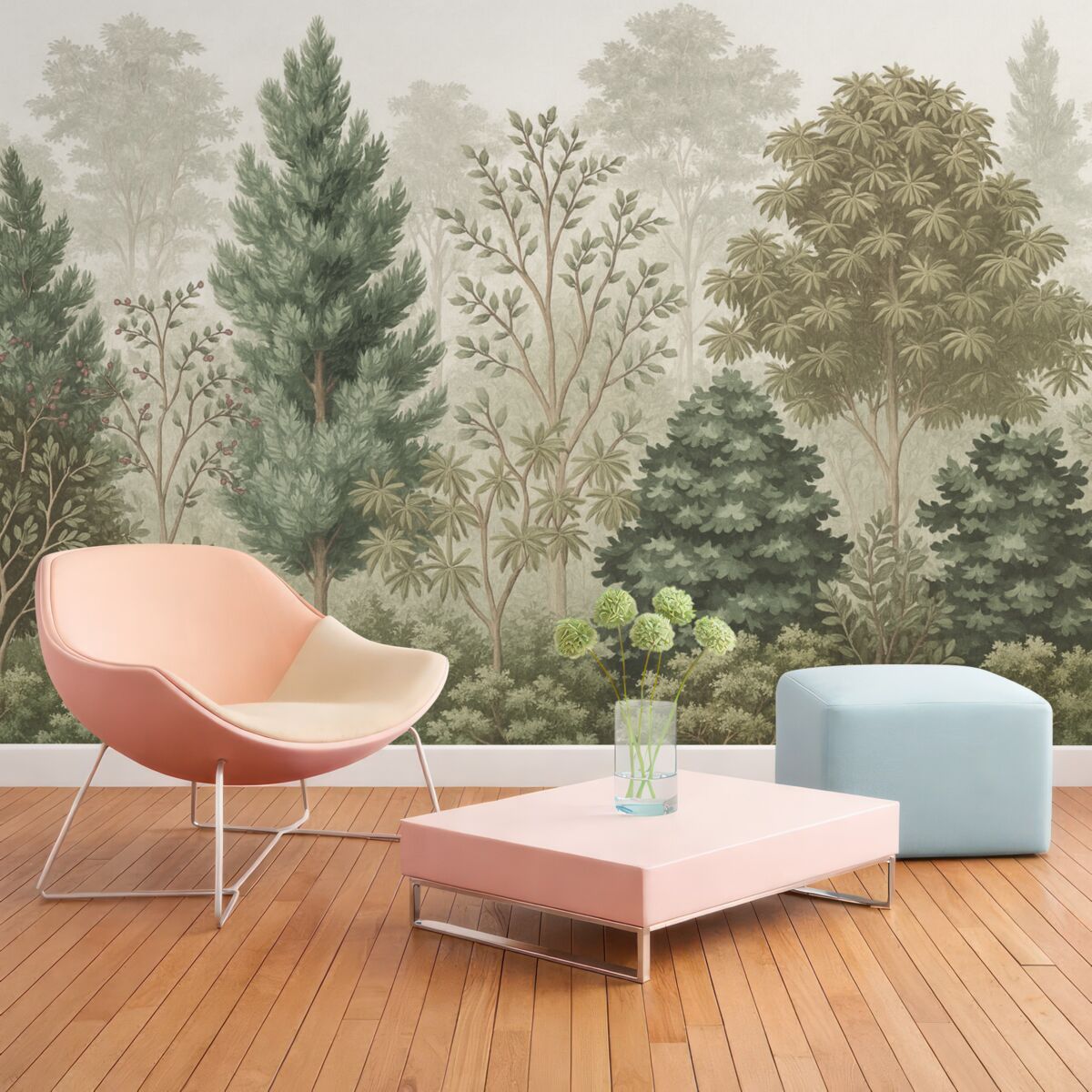 Fototapeta Gęsty, zielony las z przeróżnymi rodzajami wiecznie zielonych drzew i krzewów, obfitujący w intensywną zieleń innych liści.