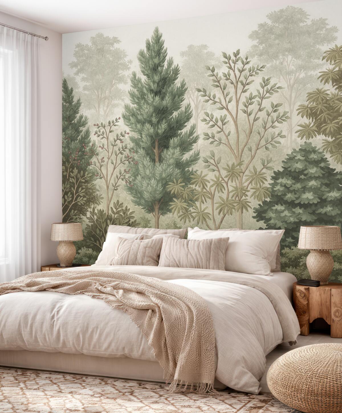 Fototapeta Gęsty, zielony las z przeróżnymi rodzajami wiecznie zielonych drzew i krzewów, obfitujący w intensywną zieleń innych liści.