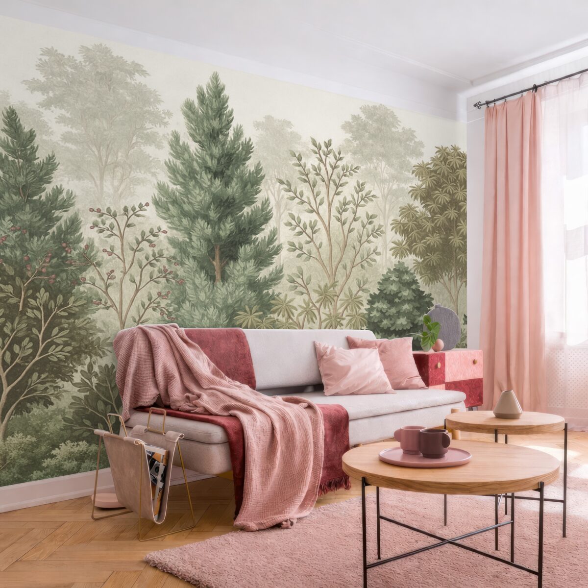 Fototapeta Gęsty, zielony las z przeróżnymi rodzajami wiecznie zielonych drzew i krzewów, obfitujący w intensywną zieleń innych liści.