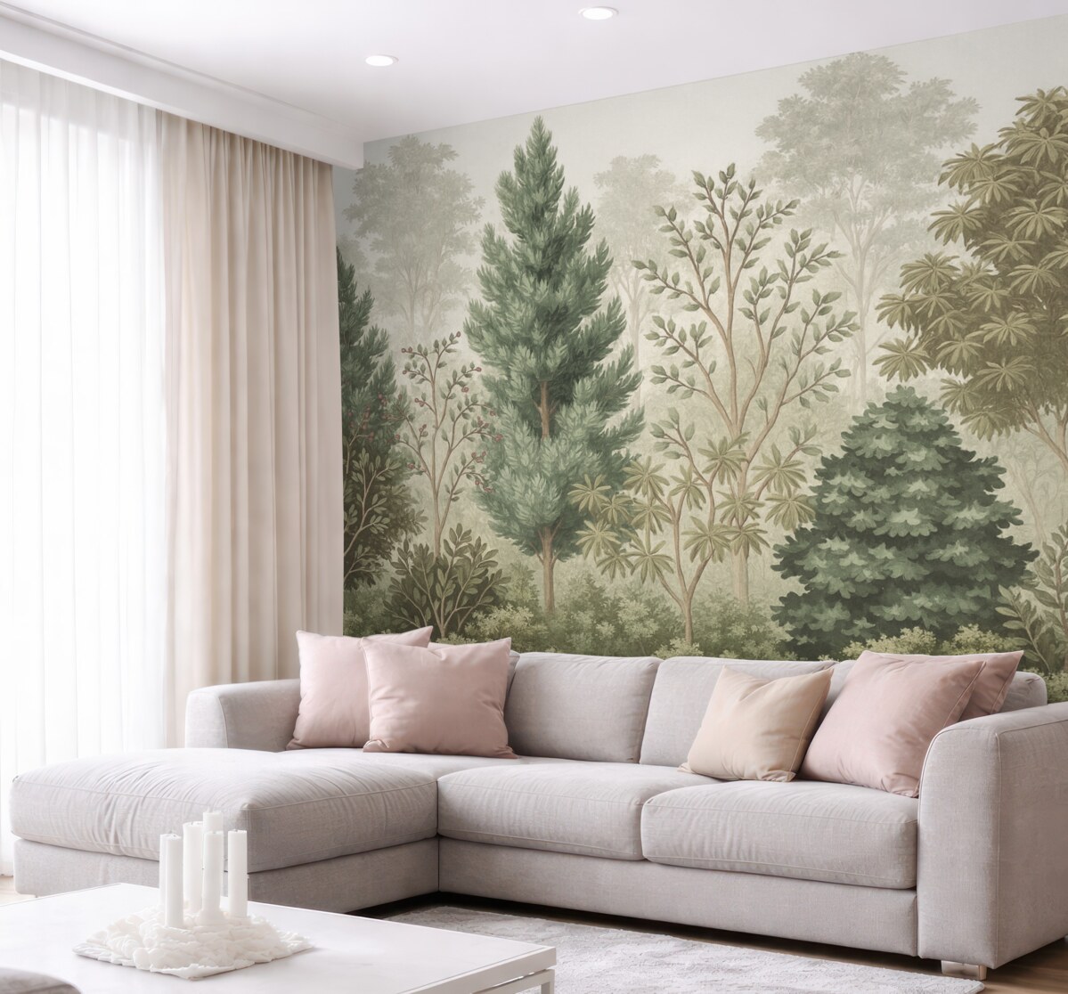 Fototapeta Gęsty, zielony las z przeróżnymi rodzajami wiecznie zielonych drzew i krzewów, obfitujący w intensywną zieleń innych liści.