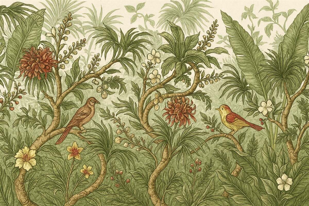 Fototapeta Kwita, tropikalna sceneria dżungli z rozmaitymi żywymi zielonymi roślinami, kwiatkami, ptakami, liśćmi i inną egzotyczną roślinnością.