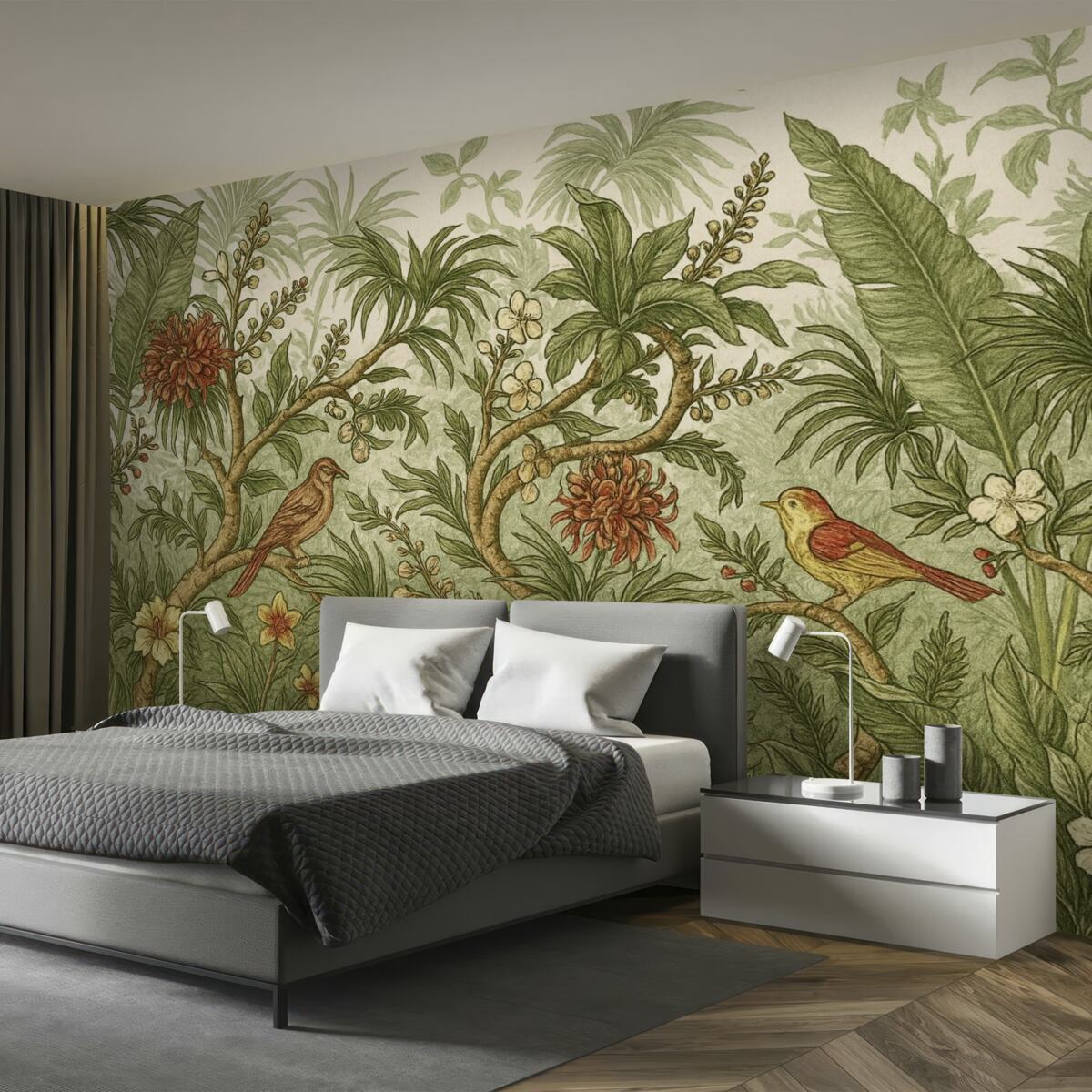 Fototapeta Kwita, tropikalna sceneria dżungli z rozmaitymi żywymi zielonymi roślinami, kwiatkami, ptakami, liśćmi i inną egzotyczną roślinnością.