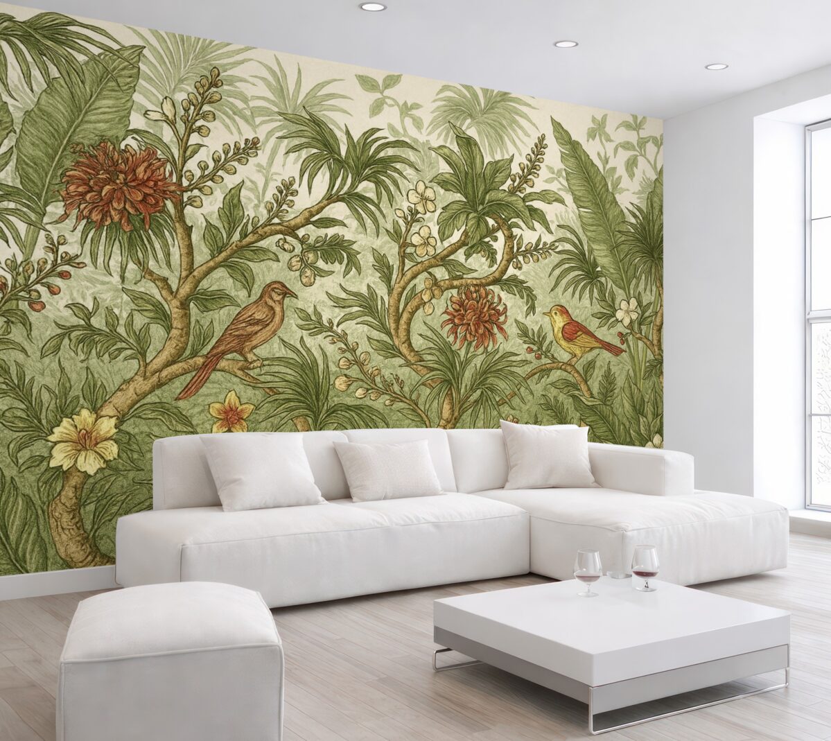 Fototapeta Kwita, tropikalna sceneria dżungli z rozmaitymi żywymi zielonymi roślinami, kwiatkami, ptakami, liśćmi i inną egzotyczną roślinnością.