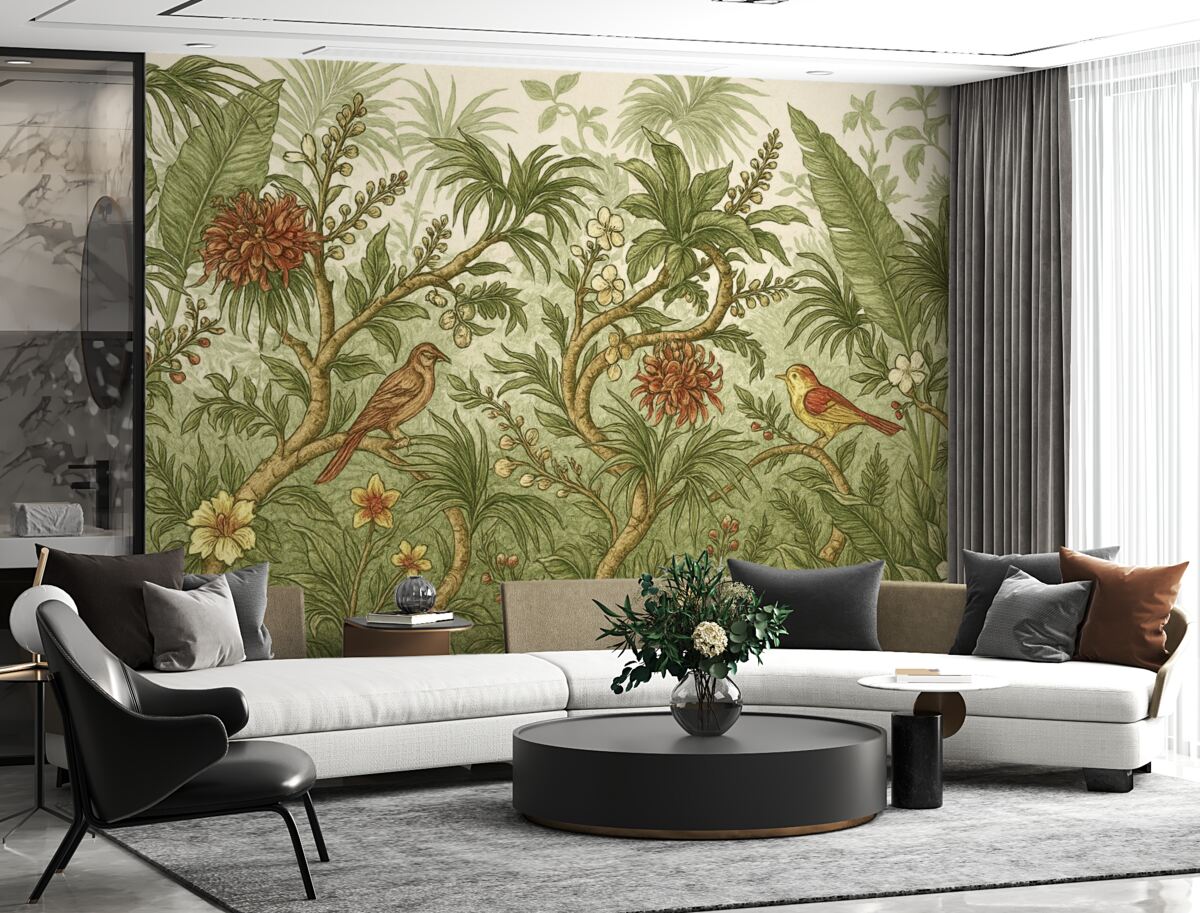 Fototapeta Kwita, tropikalna sceneria dżungli z rozmaitymi żywymi zielonymi roślinami, kwiatkami, ptakami, liśćmi i inną egzotyczną roślinnością.