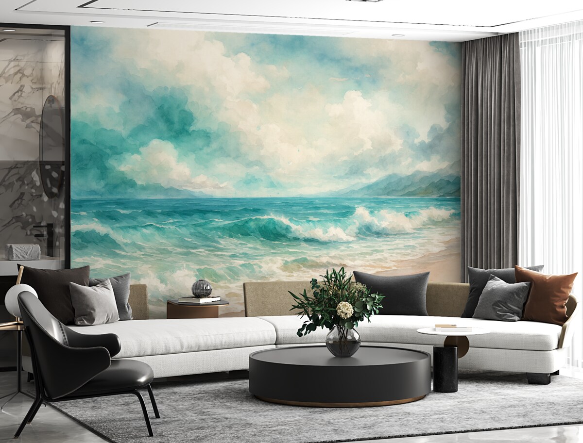 Fototapeta Cichy pejzaż plaży z łamiącymi się falami, piaszczystym wybrzeżem oraz pochmurnym niebem w kolorach błękitu, zieleni i beżu.