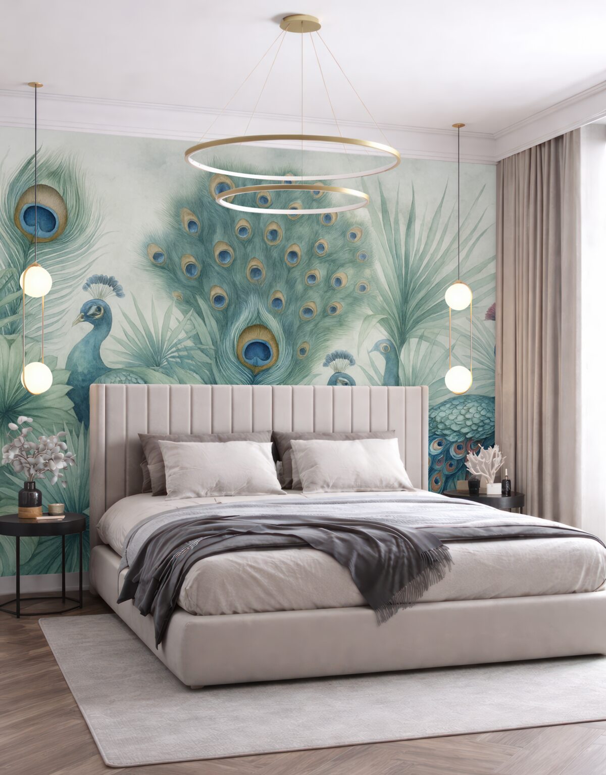 Fototapeta Para kolorowych pawi otoczona bujnymi akwarelowymi zielonymi liśćmi oraz intensywnymi kwiatami na szarym tle.