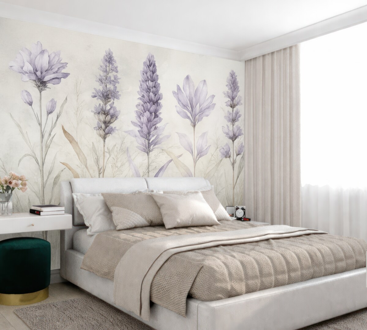 Fototapeta Łąka fioletowych akwarelowych kwiatów lawendy na delikatnym, rozmytym teksturowanym beżowym tle.