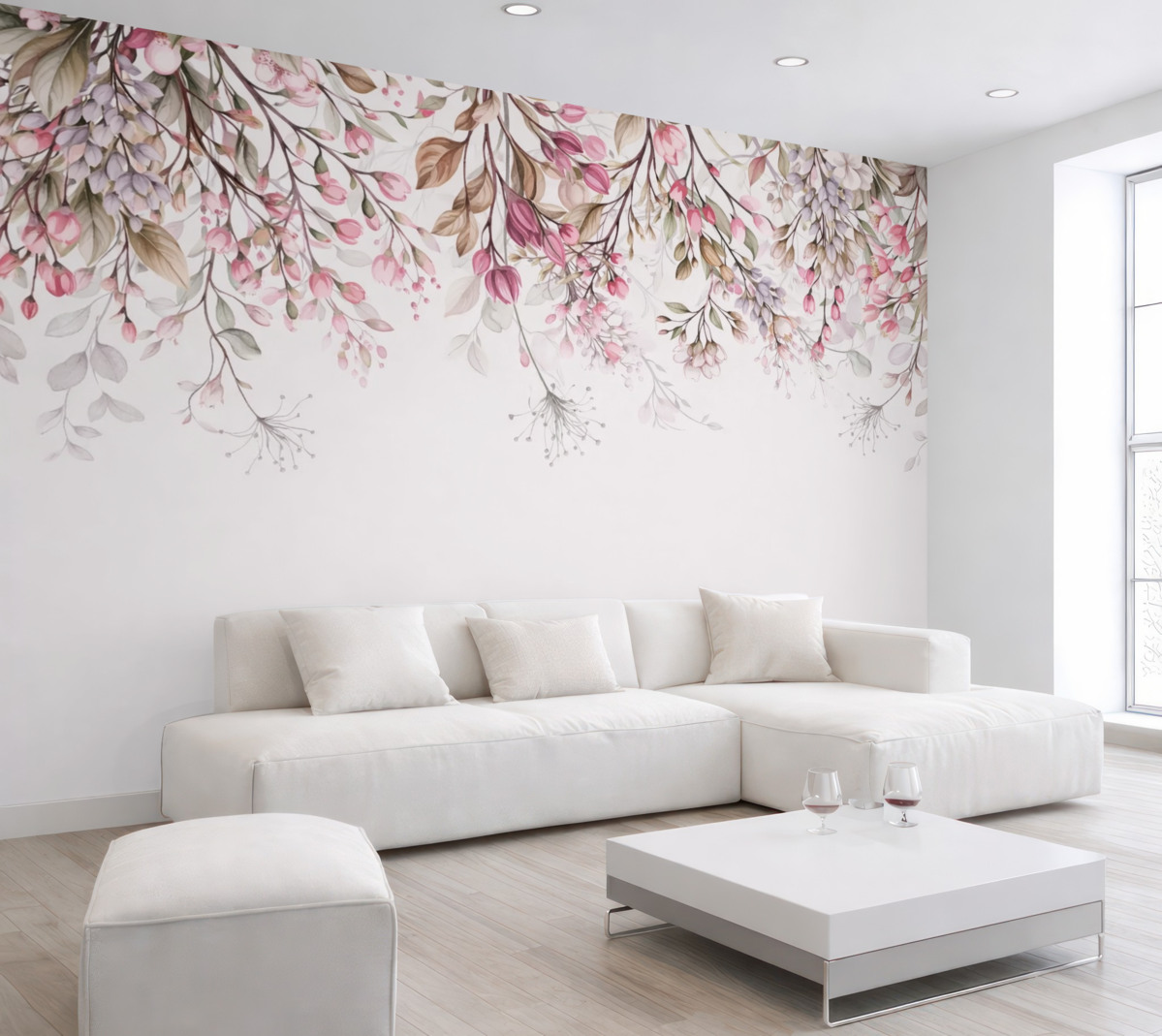 Fototapeta Subtelne różowe oraz białe gałązki kwiatów z liśćmi i płatkami, na pastelowym szarym tle.