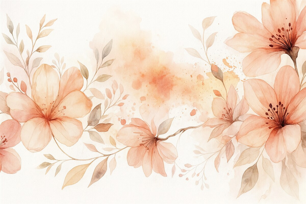 Fototapeta Bukiet subtelnych brzoskwiniowych i białych kwiatów o miękkich, rozmytych płatkach na jasnym, lekkim akwarelowym tle.