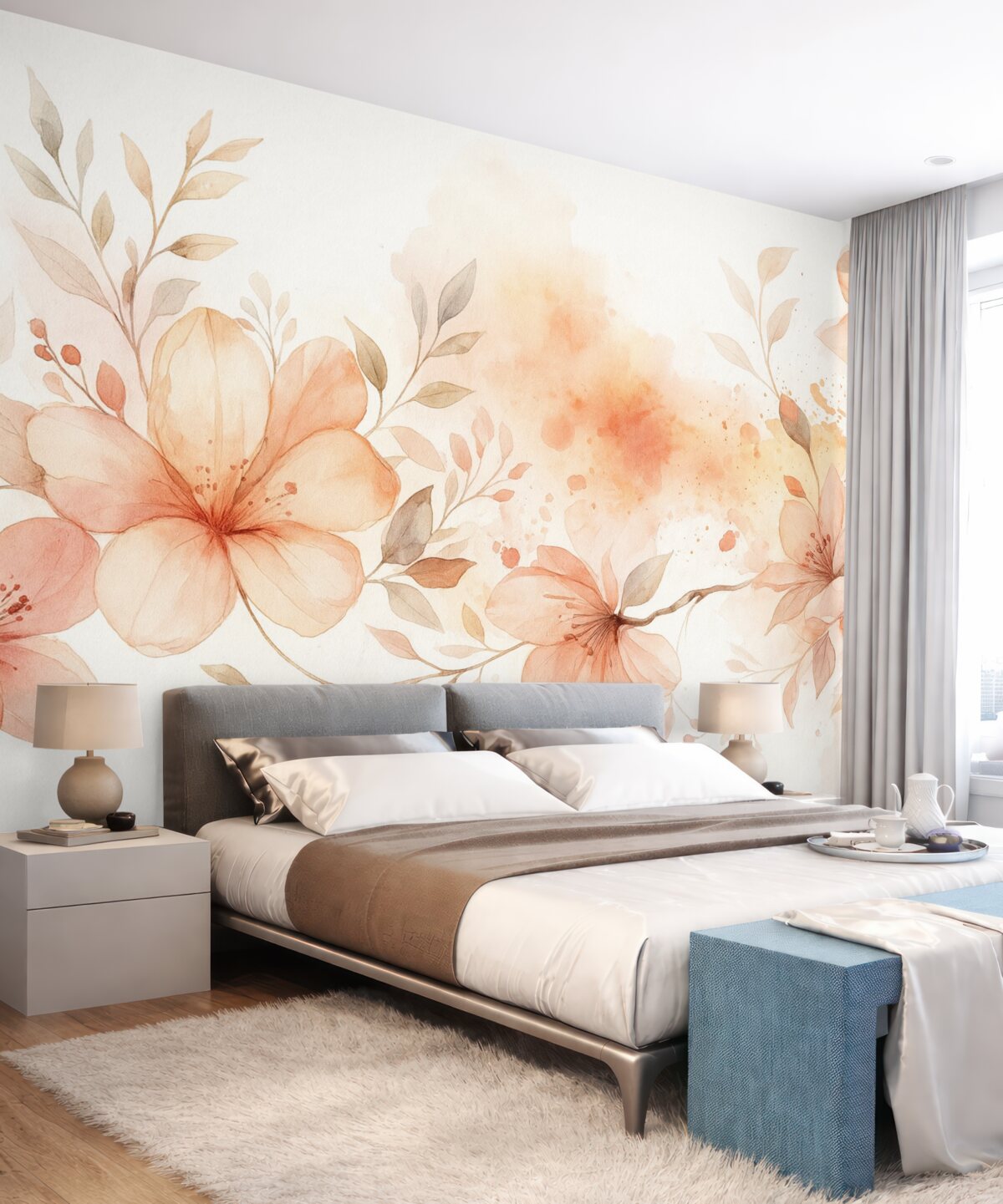 Fototapeta Bukiet subtelnych brzoskwiniowych i białych kwiatów o miękkich, rozmytych płatkach na jasnym, lekkim akwarelowym tle.