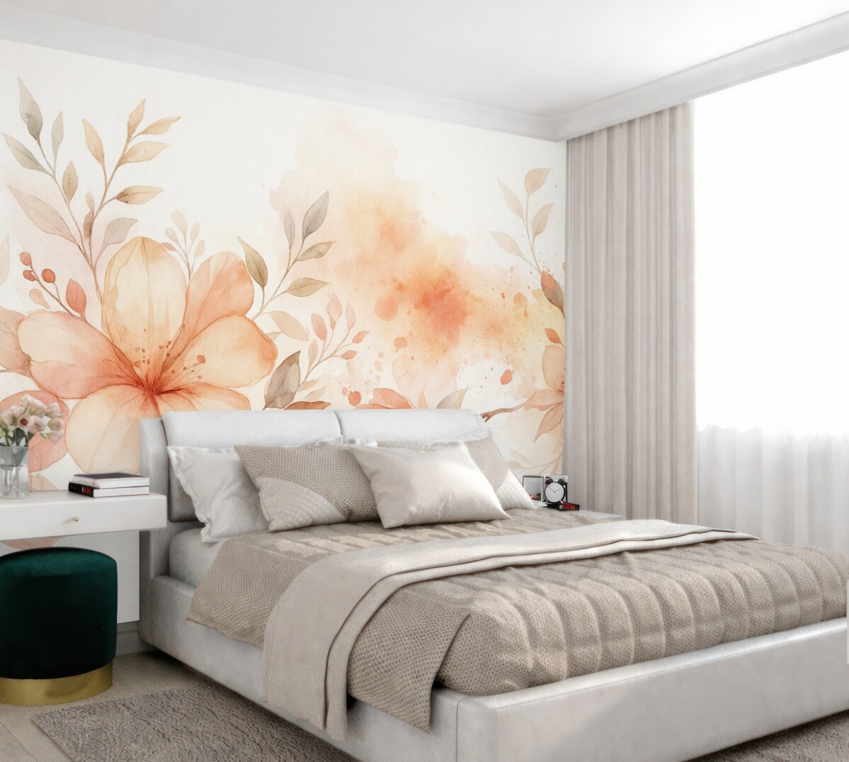 Fototapeta Bukiet subtelnych brzoskwiniowych i białych kwiatów o miękkich, rozmytych płatkach na jasnym, lekkim akwarelowym tle.