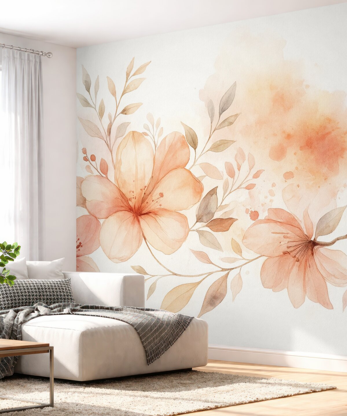 Fototapeta Bukiet subtelnych brzoskwiniowych i białych kwiatów o miękkich, rozmytych płatkach na jasnym, lekkim akwarelowym tle.