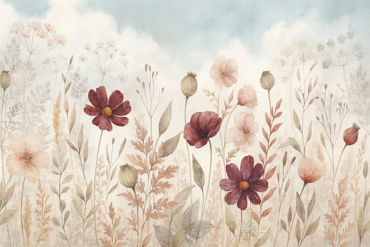 Fototapeta Łąka barwnych dzikich kwiatów, w tym czerwonych, różowych i białych roślin z subtelnymi liśćmi na gładkim tle.