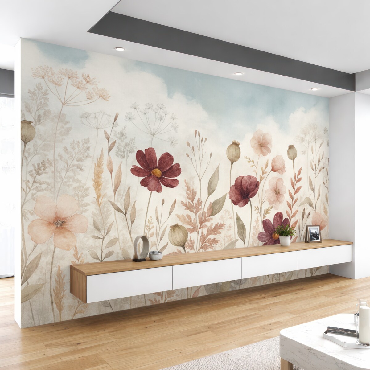 Fototapeta Łąka barwnych dzikich kwiatów, w tym czerwonych, różowych i białych roślin z subtelnymi liśćmi na gładkim tle.