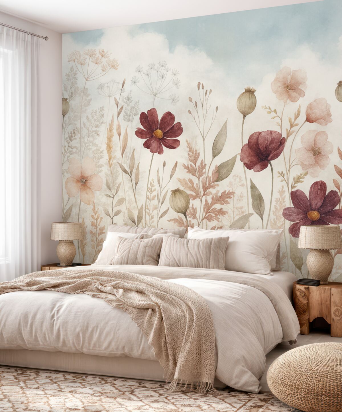 Fototapeta Łąka barwnych dzikich kwiatów, w tym czerwonych, różowych i białych roślin z subtelnymi liśćmi na gładkim tle.