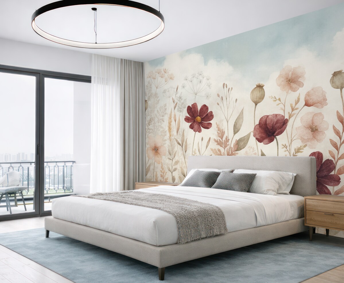 Fototapeta Łąka barwnych dzikich kwiatów, w tym czerwonych, różowych i białych roślin z subtelnymi liśćmi na gładkim tle.