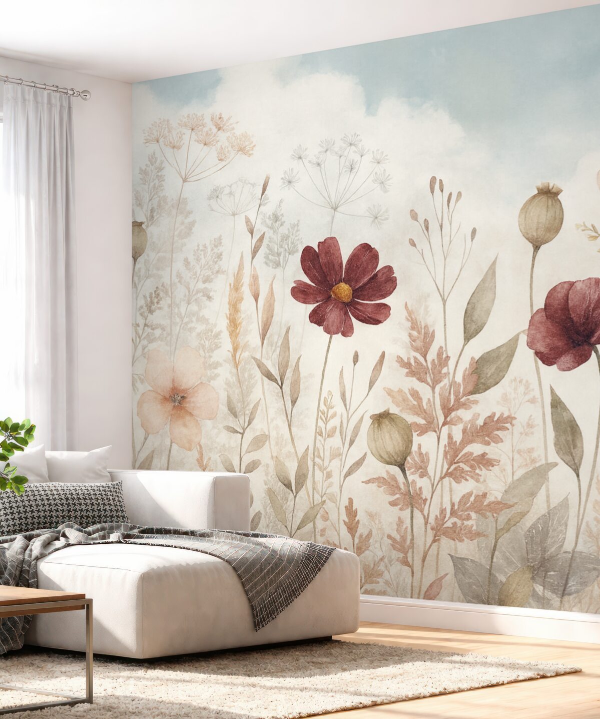 Fototapeta Łąka barwnych dzikich kwiatów, w tym czerwonych, różowych i białych roślin z subtelnymi liśćmi na gładkim tle.