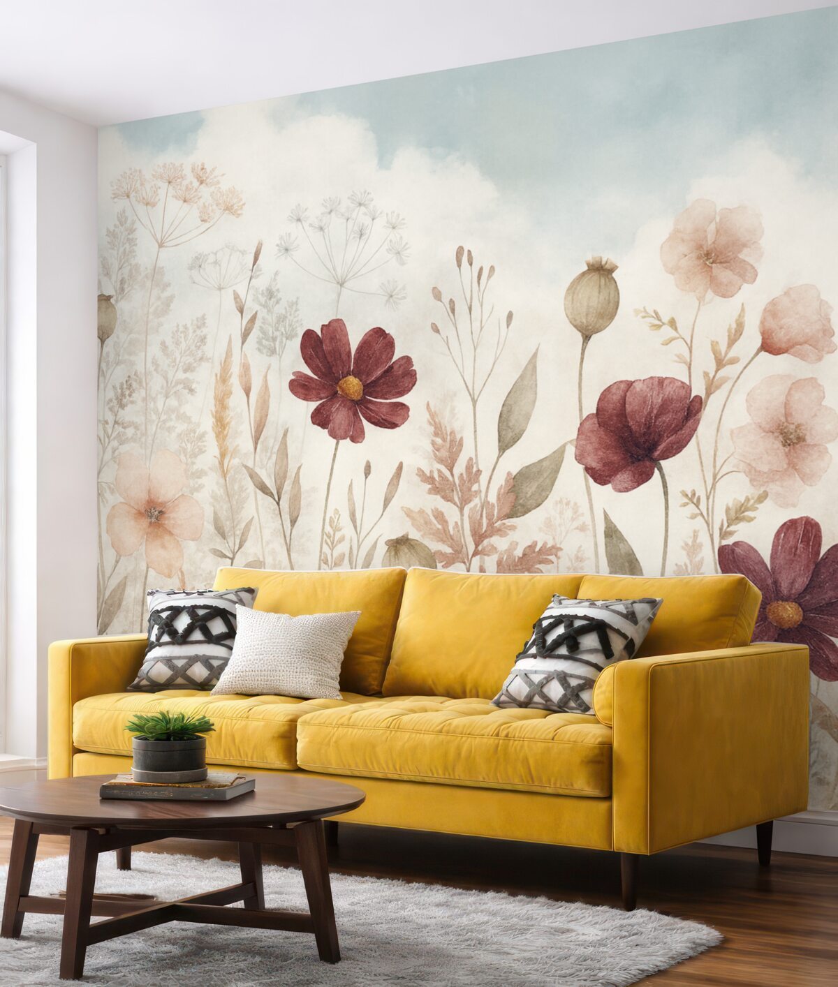 Fototapeta Łąka barwnych dzikich kwiatów, w tym czerwonych, różowych i białych roślin z subtelnymi liśćmi na gładkim tle.