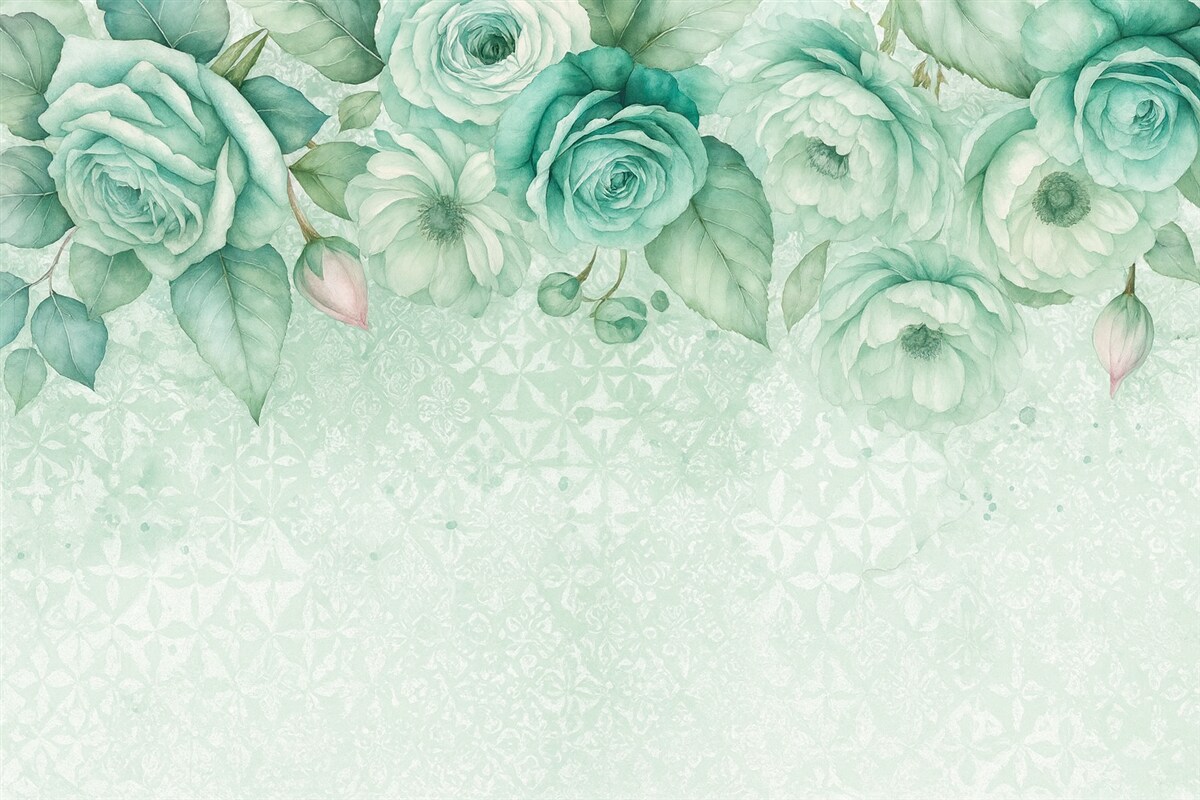 Fototapeta Stylowa aranżacja kwiatowa z białych i turkusowych róż akwarelowych na koronkowym tle w klimacie vintage.