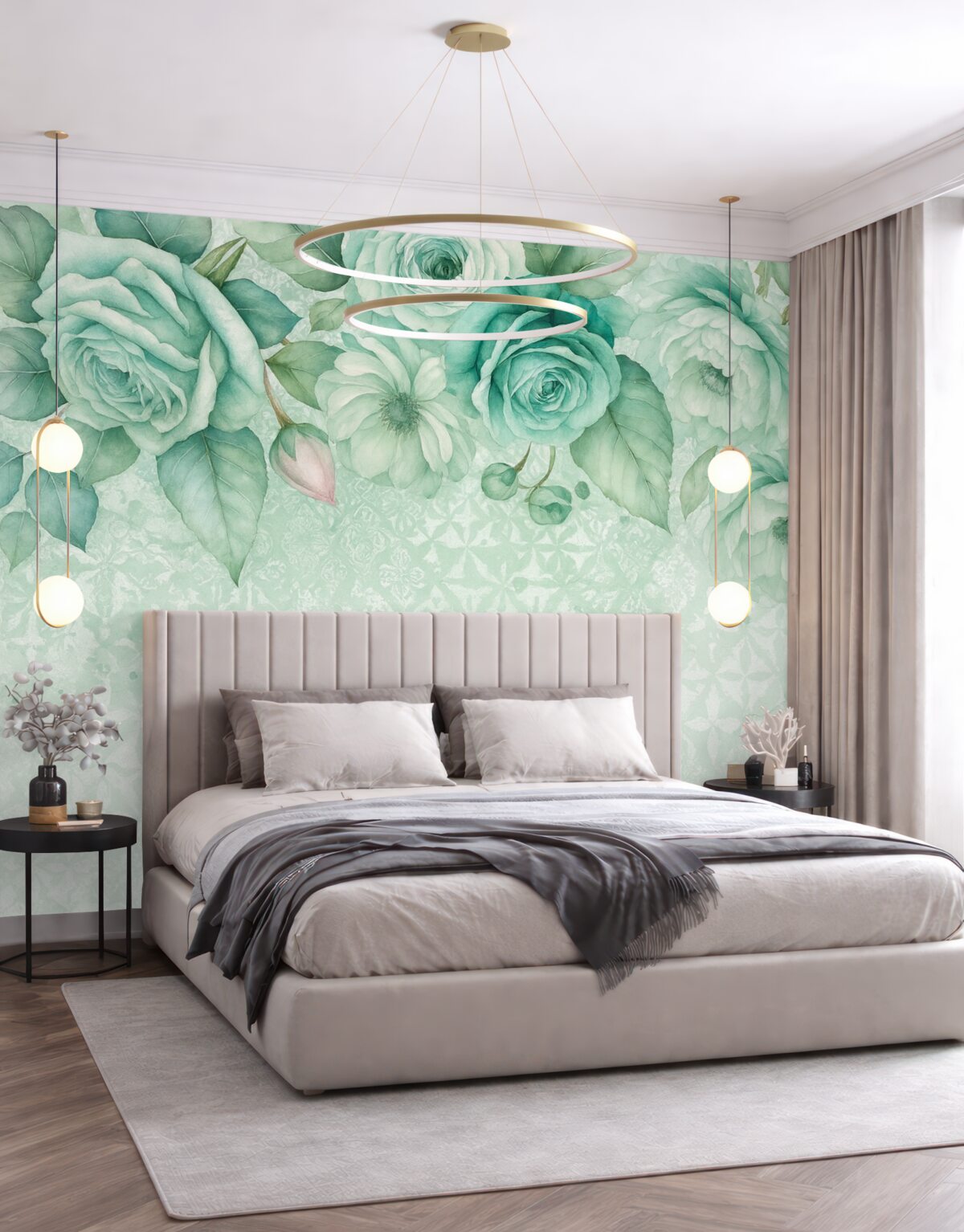 Fototapeta Stylowa aranżacja kwiatowa z białych i turkusowych róż akwarelowych na koronkowym tle w klimacie vintage.