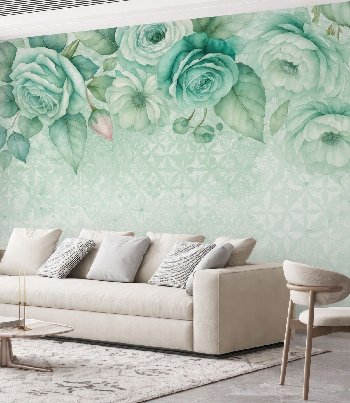 Fototapeta Stylowa aranżacja kwiatowa z białych i turkusowych róż akwarelowych na koronkowym tle w klimacie vintage.