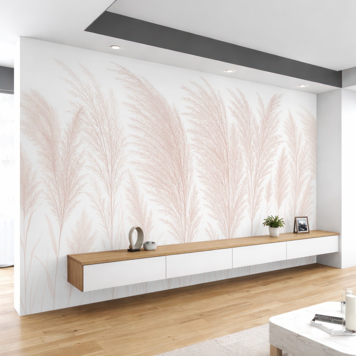 Fototapeta Subtelna, pastelowa, różowa, puchata trawa pampasowa na jasnym tle w prostym układzie.