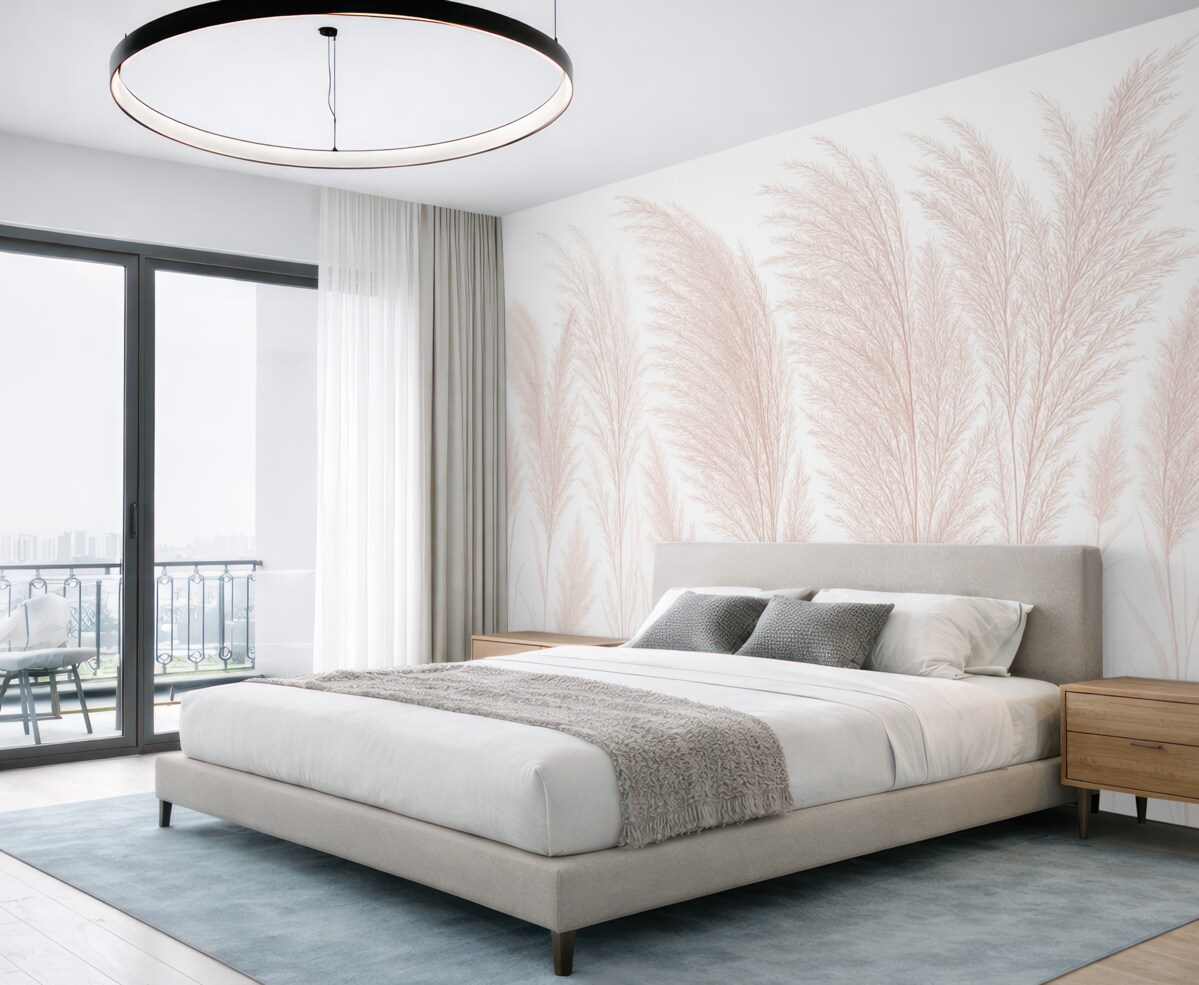 Fototapeta Subtelna, pastelowa, różowa, puchata trawa pampasowa na jasnym tle w prostym układzie.