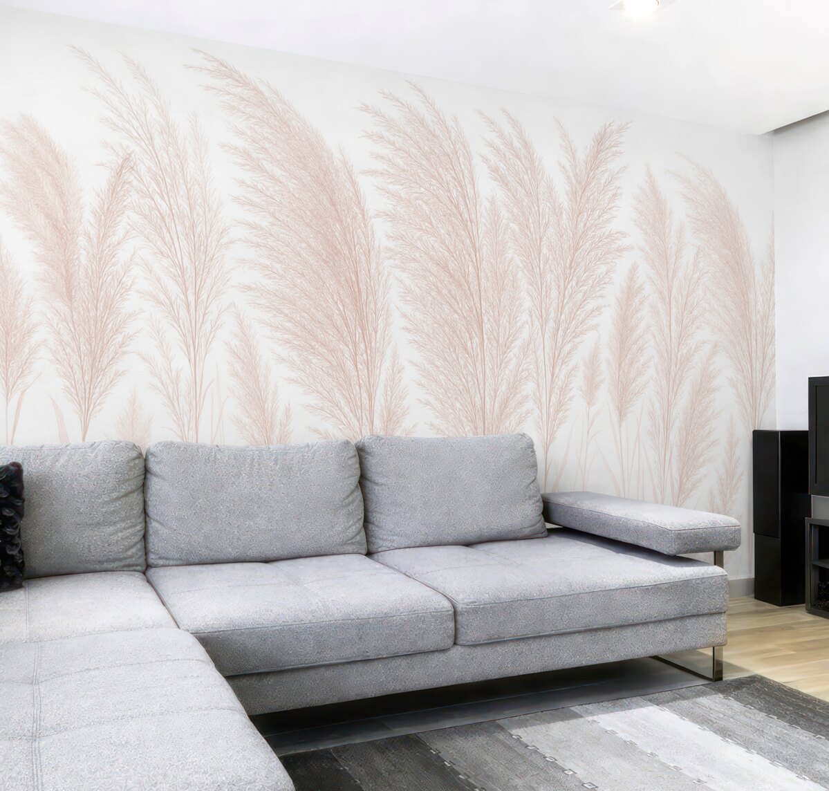 Fototapeta Subtelna, pastelowa, różowa, puchata trawa pampasowa na jasnym tle w prostym układzie.