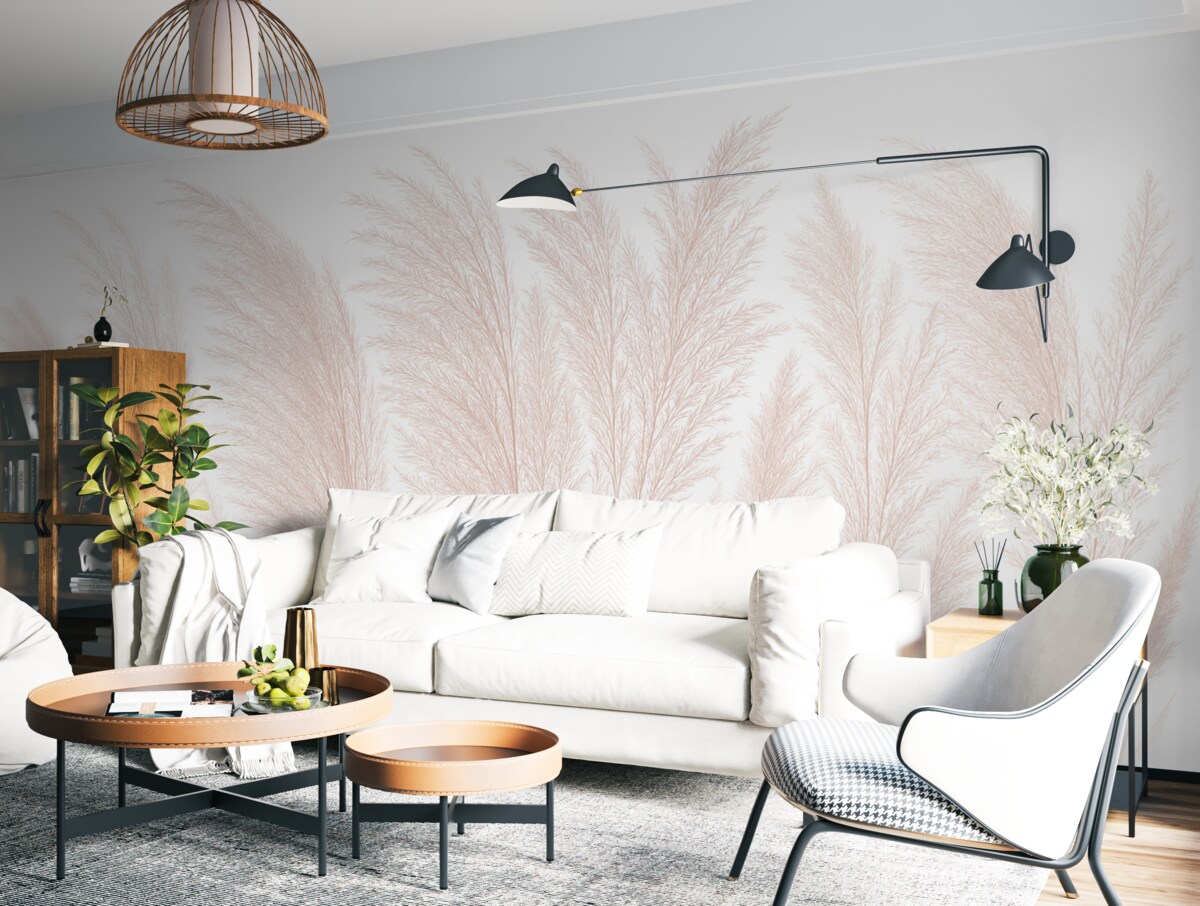 Fototapeta Subtelna, pastelowa, różowa, puchata trawa pampasowa na jasnym tle w prostym układzie.